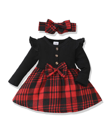 Baby Girl Christmas Outfits 6-9 Months 9-12 Month Girl Clothes Infant Girls Winter Dress Fall Spring Gifts Ribbed Ruffle Long Sleeve Red Plaid Dresses for Girls