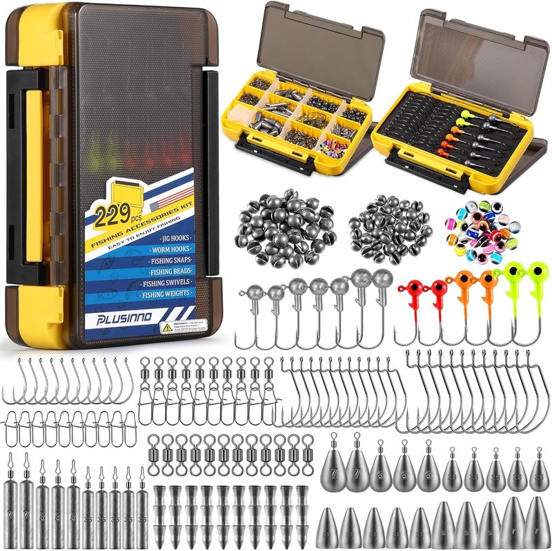 PLUSINNO 229PCS Fishing Accessories Kit with Double-Side Fishing Tackle Box, Abundant Fishing Gear Include Fishing Hooks Jig Head Weights Sinkers, Fishing Equipment for Trout Bass Crappie