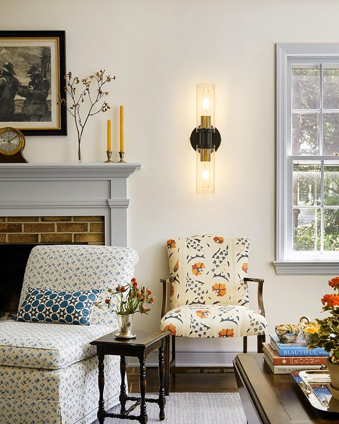Wall Sconces Set of Two, ETL Certified, Black Gold Bathroom Wall Sconces with Clear Glass Modern Hardwired Wall Light fixtures for Bathroom Mirror Living Room Entryway Hallway(Bulbs Not Include)