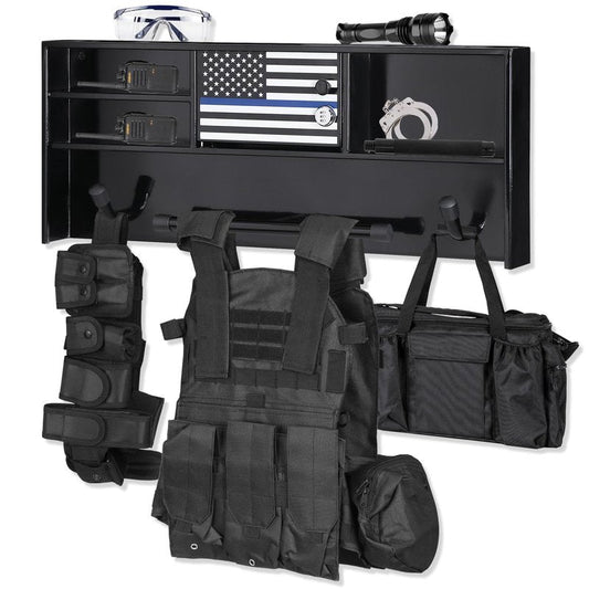 BUYYAH Wall Mounted Police Gear Rack, All Iron Frame with Gun Storage, Combination Lock, Tactical Duty Gear Rack for Home, Office, Police Gift Decor with Flag, Black