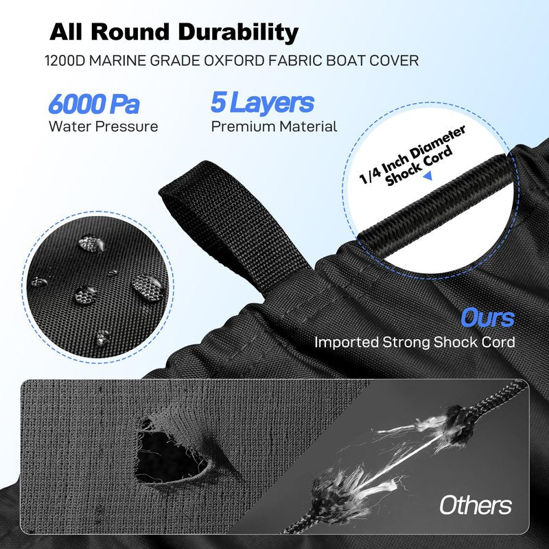 Caminor Boat Cover 16-18.5ft, Bass Tracker Boat Cover with Sand Bag Mooring Kit, 1200D Marine Canvas Waterproof Heavy Duty Boat Covers for 16 feet 17ft 18' Foot V Hull Bass & Runabout Boat,Black