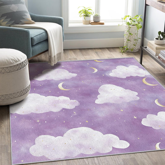 Vzdrahelia Purple Cloud Rug 3x4,Moon Star Area Rug Washable,Kids Girls Rugs for Living Room, Bedroom,Cloud Pattern Carpet Home Decor, Non Slip
