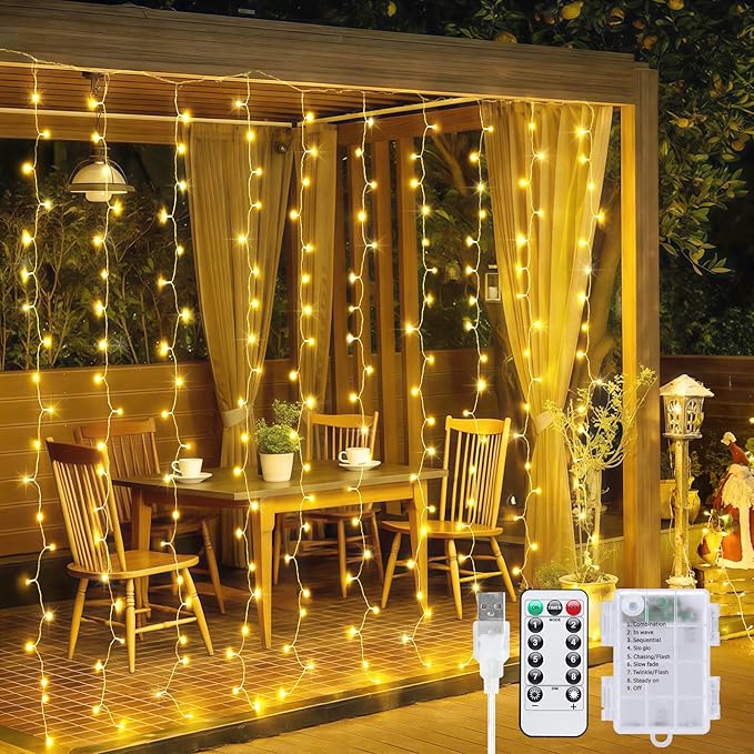 JMEXSUSS 200 LED Curtain Lights Battery Operated & USB Plug in, 8 Modes Warm White Christmas Curtain String Lights for Backdrop Bedroom Classroom Wedding Party Decorations