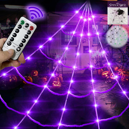 20*17FT Halloween Spider Web 150 Led Purple Lights Light Up Lighted Triangular Giant Battery Operated Waterproof with 200sqft Cobweb and 20 Small Spiders for Indoor and Outdoor Decor Yard Decoration