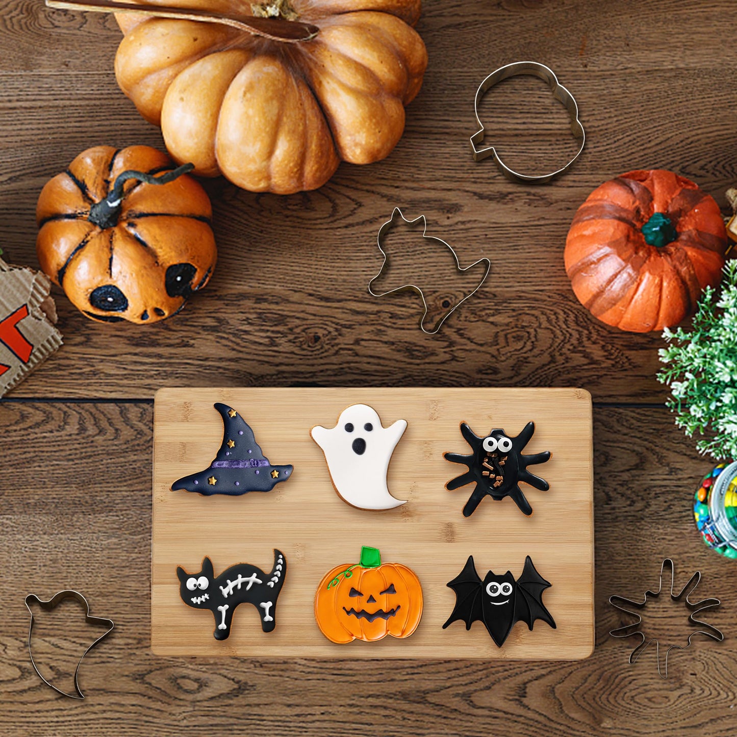 FUSOTO Halloween Cookie Cutters, 6 Pcs Holiday Cookie Cutters Halloween Shapes - Spider, Pumpkin, Bat, Cat, Ghost, Witch Hat for Cookie Baking