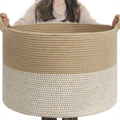 INDRESSME Extra Large Woven Baskets for Storage, 21.7'' x 13.8'' Wicker Basket with Handle for Blankets, Big Laundry Baskets for Clothes, Pillows, Towel, Shoe Basket for Entryway, 90L White Jute
