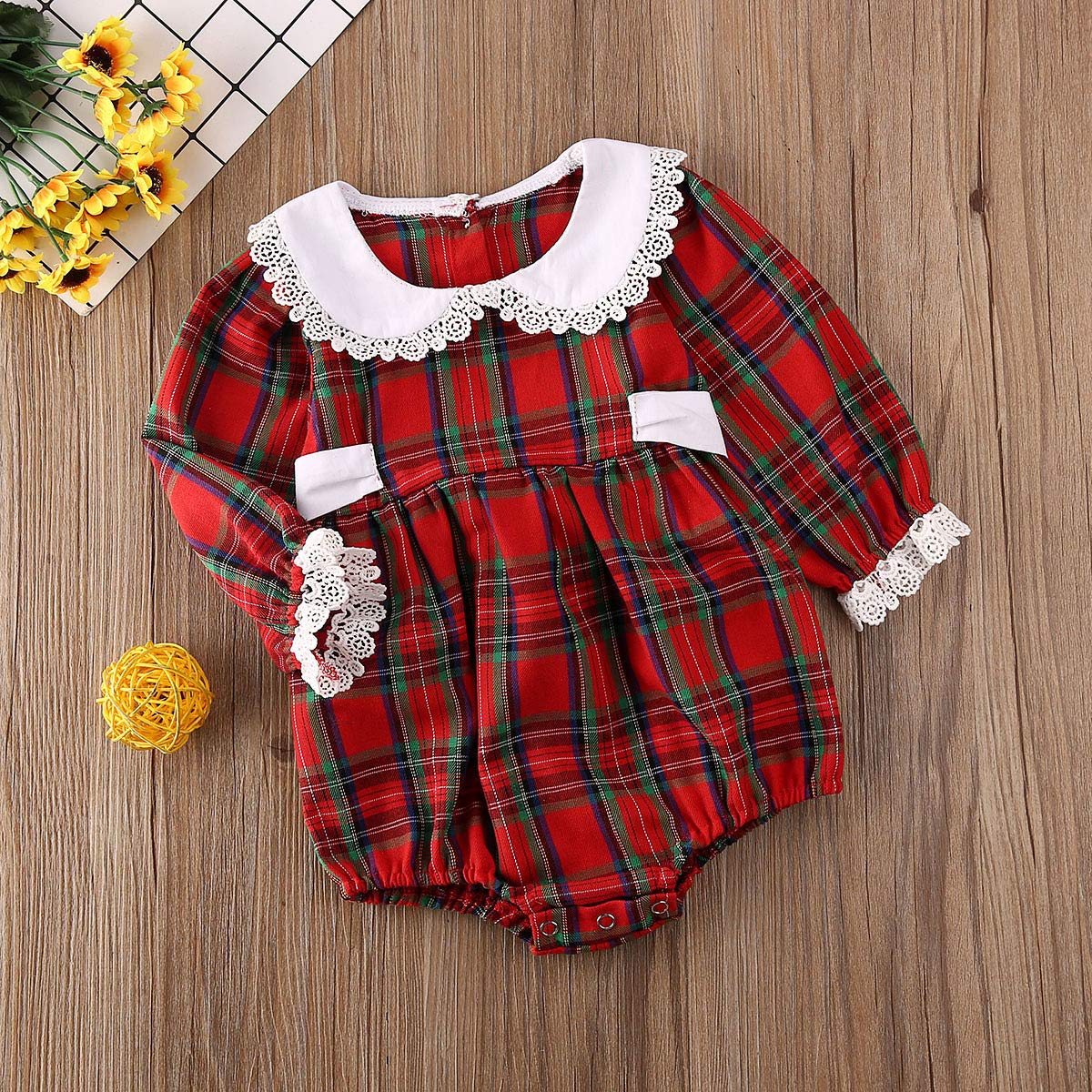 Baby Girl Christmas Dress Matching Newborn Girl Bodysuit Plaid Lace Princess Skirt Family Clothing (Romper/Long Sleeve, 12-18 Months)