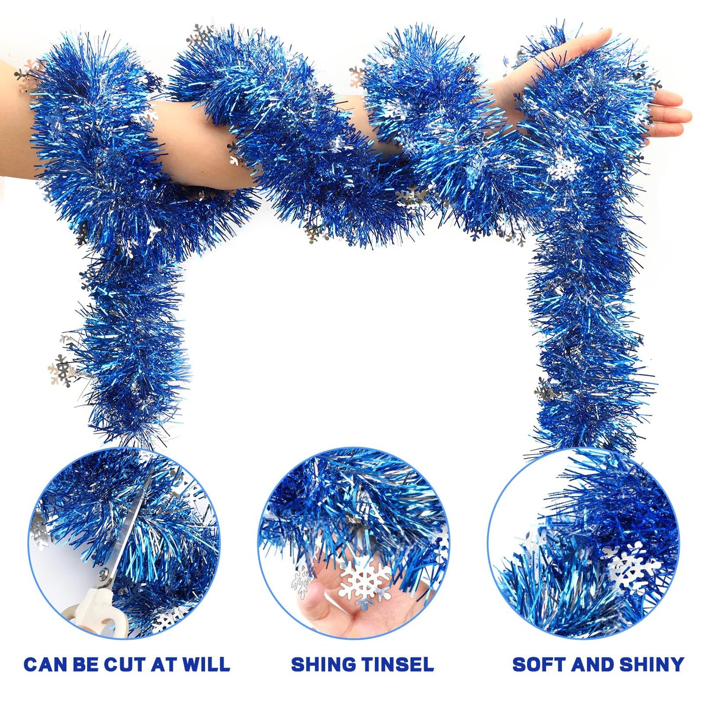 MARFOREVER Blue Snowflake Tinsel Garland Winter Wonderland Decorations, Winter Metallic Twist Garland for Winter Holidays New Year Weddings Party Home Wall Classroom Hanging Decor, 3 Pcs 19.7 FT