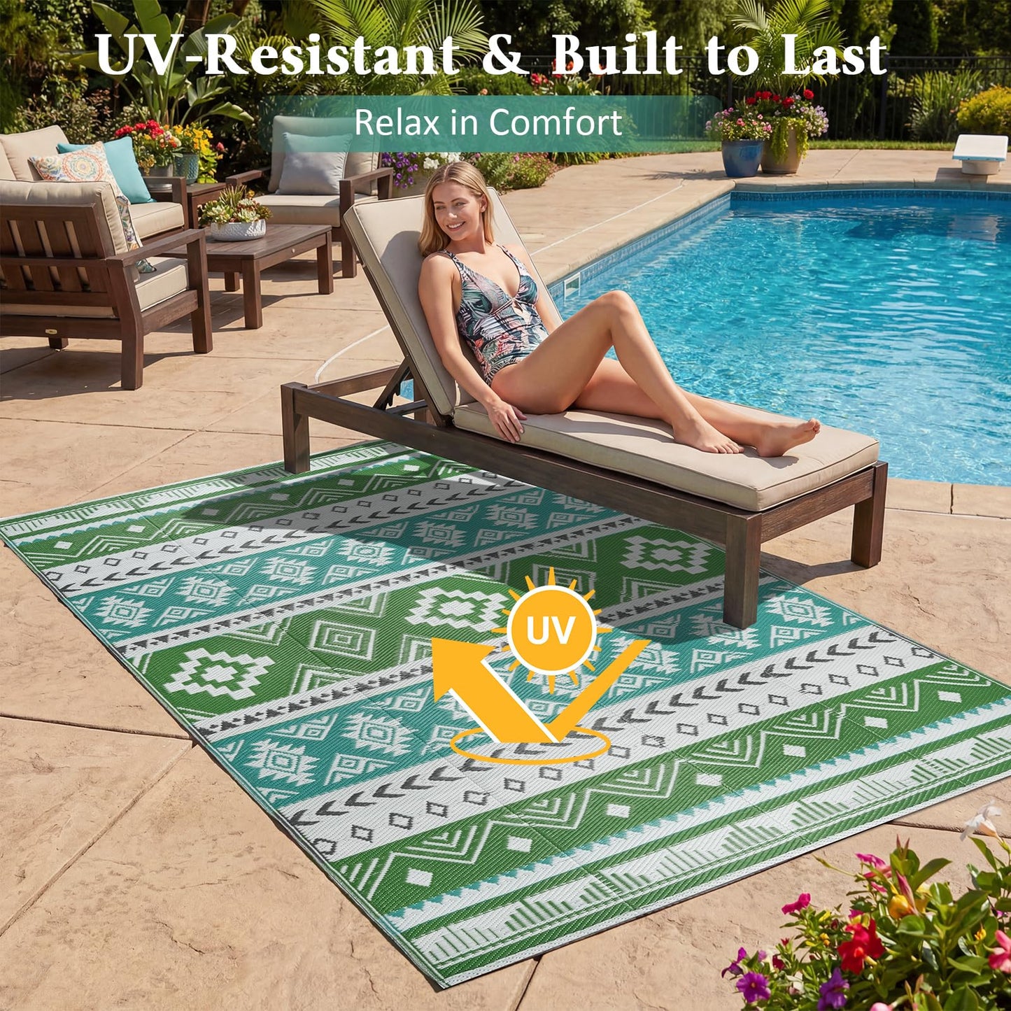 Outdoor Area Rug 6x9 Waterproof Patio Rug Reverisble Plastic Straw Outdoor Mat, Portable RV Mat Carpet for Deck, Camper, Porch, Balcony, Backyard, Picnic, Blue