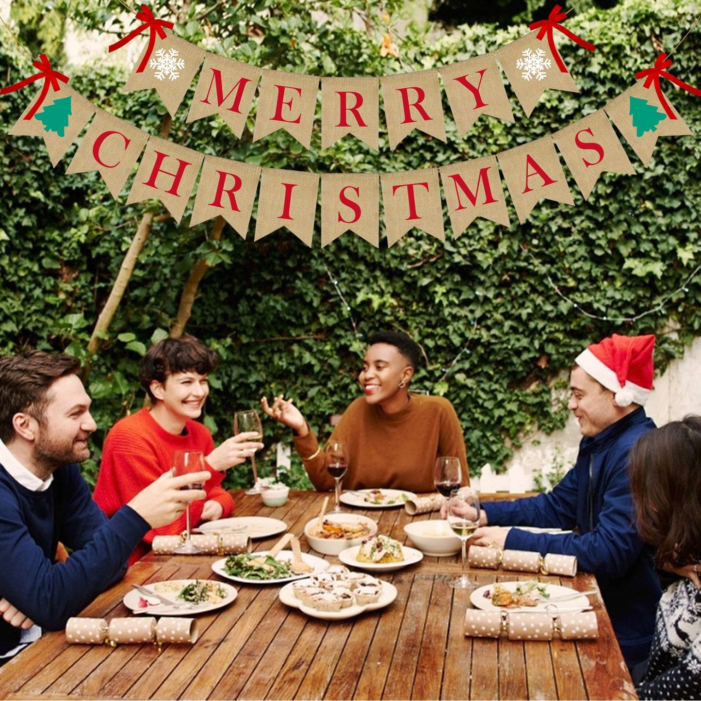 PACETAP Merry Christmas Burlap Banner with 4 Red Bows, Home Indoor Christmas Decorations for Fireplace, Chimney, Wall, Tree