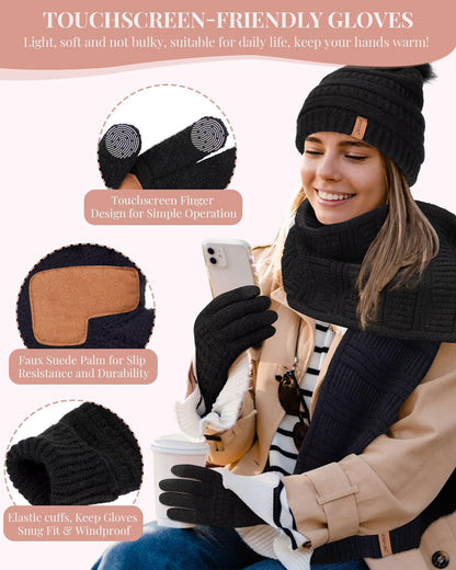 Womens Winter Beanie Hat Scarf Gloves Set, Cute Pom Pom Beanie with Warm Fleece Lined Long Knit Neck Scarf Touchscreen Gloves, 3 Piece Set for Cold Weather(Black)