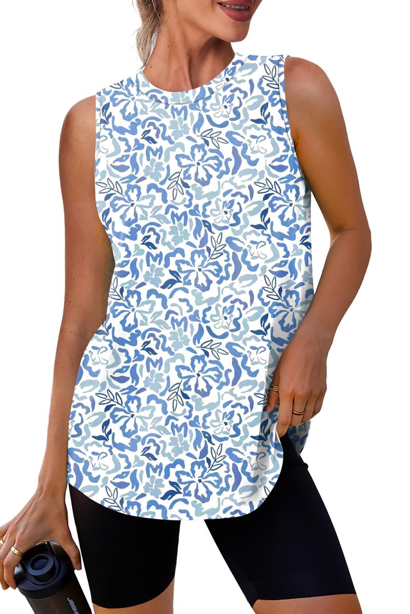 Womens Workout Tops Tank Tops Yoga Shirts Athletic Running Sleeveless Gym Clothes High Neck Athletic Running Shirts Blue Print S