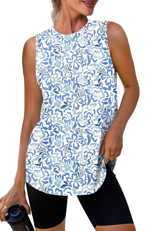 Womens Workout Tops Tank Tops Yoga Shirts Athletic Running Sleeveless Gym Clothes High Neck Athletic Running Shirts Blue Print S