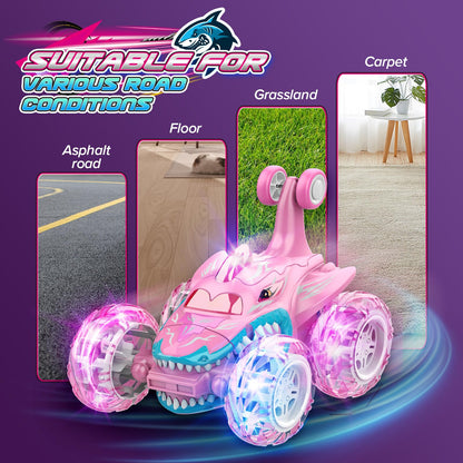 Dislocati Girls Remote Control Cars 360°Flips LED Flash Light Monster Truck Toys Age 5 6 7 Girls Birthday Presents Outdoor Stunt Car