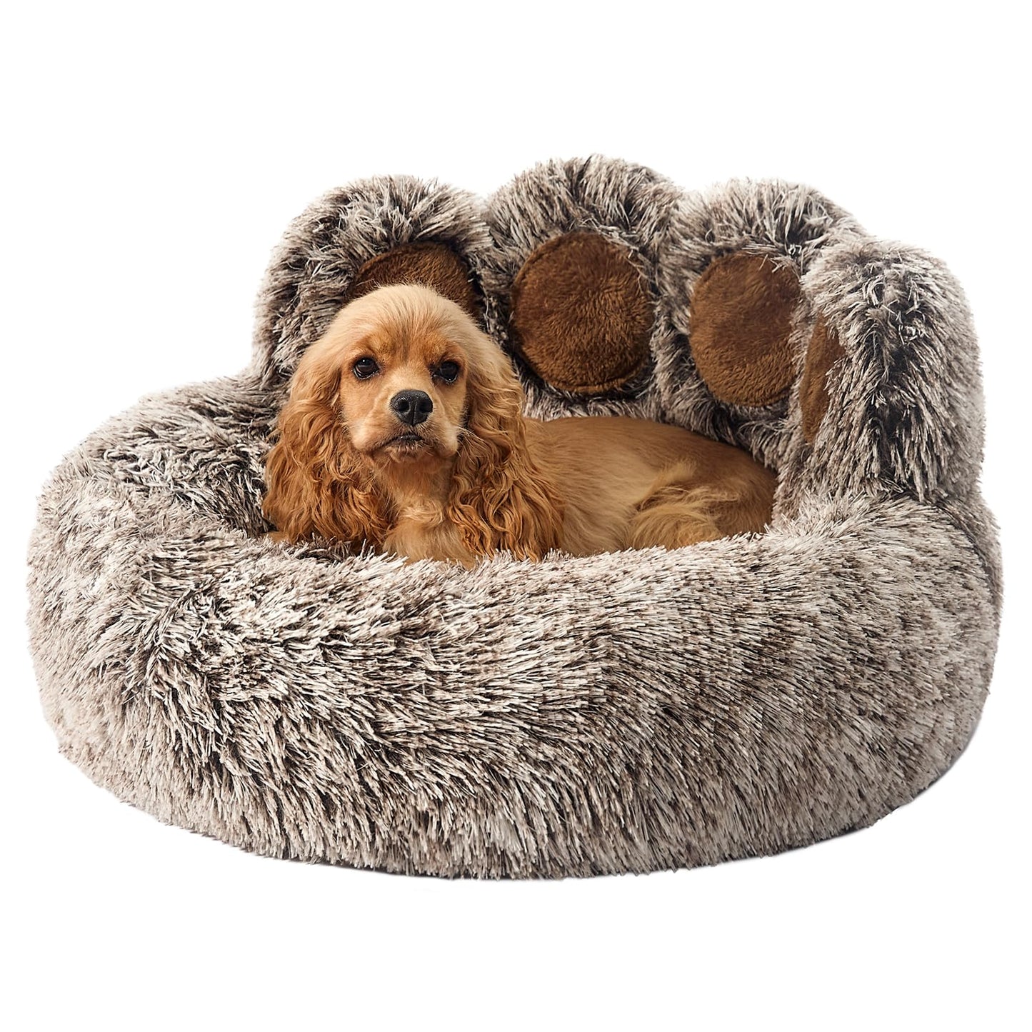 Jiupety Paw Shape Calming Pet Bed, Plush Faux Fur Donut Bed for Dogs & Cats, Machine Washable, Non-Slip Bottom, Large Size (26"×26"×8"), Gray