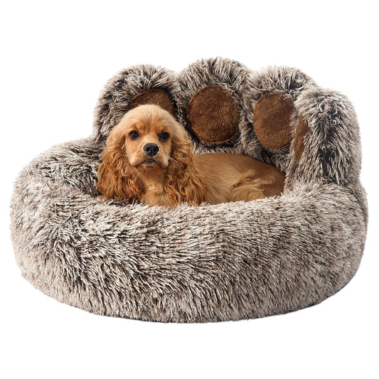 Jiupety Paw Shape Calming Pet Bed, Plush Faux Fur Donut Bed for Dogs & Cats, Machine Washable, Non-Slip Bottom, Large Size (26"×26"×8"), Gray