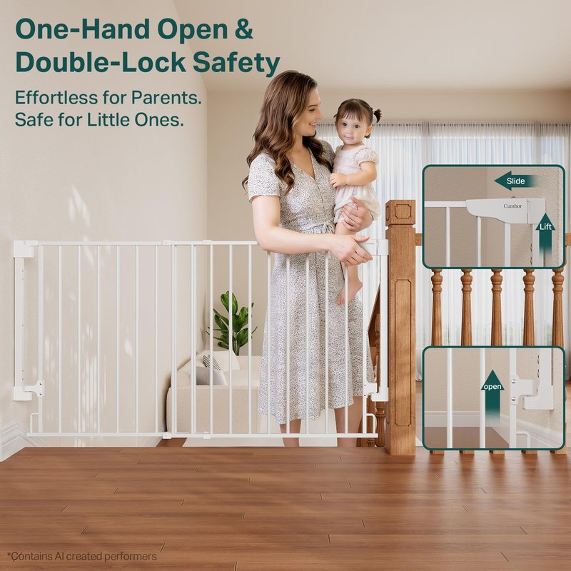 Cumbor 35.1-55" Wide No Bottom Bar Baby Gate for Stairs, 2-in-1 Auto Close Dog Gate Indoor, Hardware Mounted Pet Gate for Doorways with Large Walk Thru Door, Child-Proof Safety Gate for Kids (White)