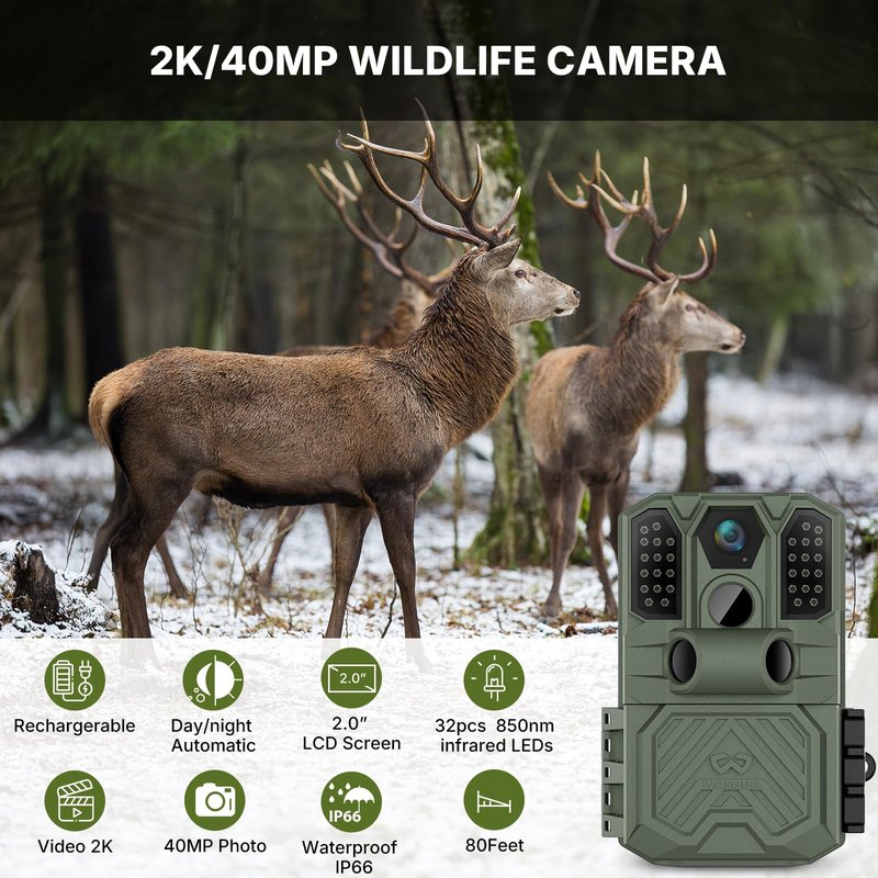 WOSODA Rechargeable Trail Camera (Non-Cellular, Non-WiFi),40MP 2K Game Cam with 2200mAh Lithium Battery,0.2s Trigger Night Vision Motion Activated,IP66 Waterproof 120° Wide Lens Wildlife Camera