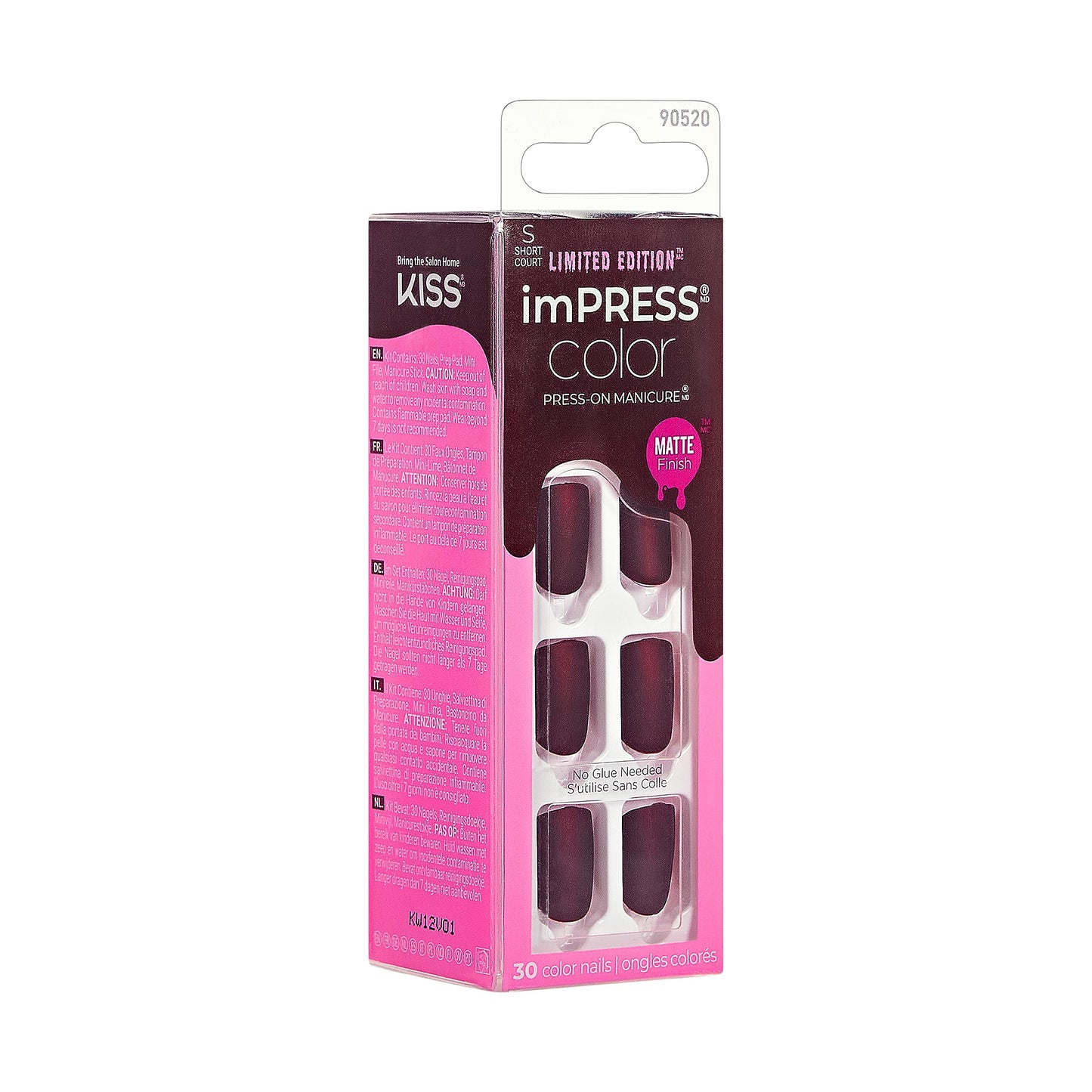 KISS imPRESS Color Press-On Manicure Halloween, Solid Red, Short Length, Square Shape, PureFit Technology, Chip Proof, Smudge Proof, Waterproof, Nail File, Manicure Stick & 30 Fake Nails