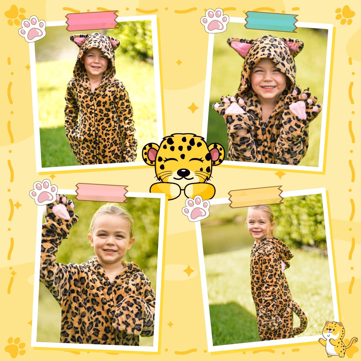 GIFTINBOX Leopard Costume Kids, Zip-Up Hooded Onesie Girls, Cat Costume for Girls Dress Up, Halloween Animal Costumes for Kids 5 6 7 8 9 10 11