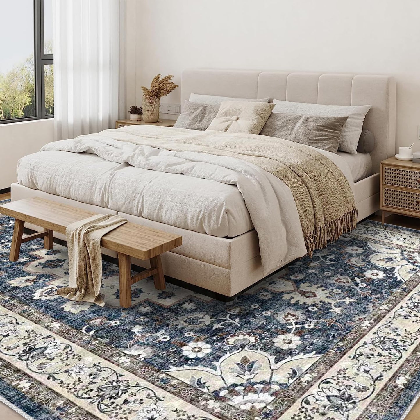 Washable Living Room Area Rug - 9 x 12 Stain Resistant Medallion Soft Bedroom Rugs Distressed Design Non Shedding Floor Carpet Durable Easy-Clean Low Pile Rug Comfortable Home Decor (9x12 Blue)