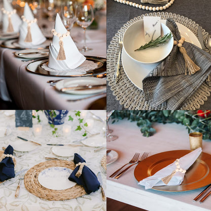 AEKAO Set of 12 Wood Bead Napkin Rings with Jute Rope Tassels for Christmas Farmhouse Wedding Home Dining Table Party Decoration