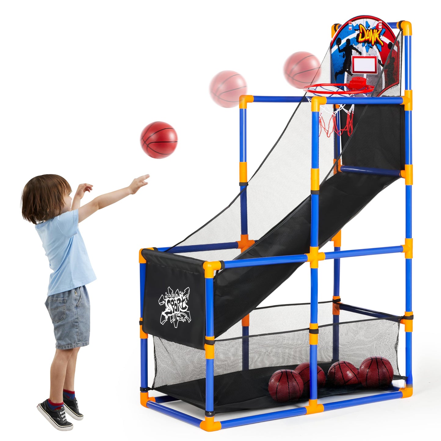JOYIN Arcade Basketball Game Set with 4 Balls and Hoop for Kids 3 to 12 Years Old Indoor Outdoor Sport Play - Easy Set Up - Air Pump Included - Ideal for Competition