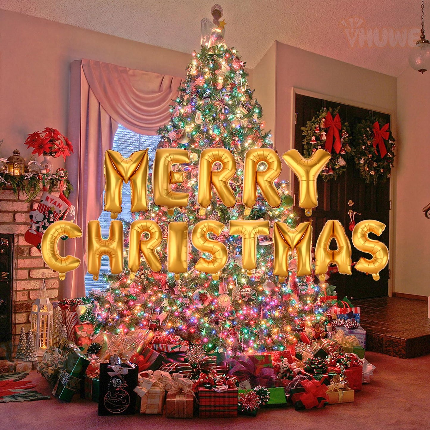 Merry Christmas Banner, 16 Inch Gold Foil Mylar Helium Balloons Banner for Indoor Outdoor Office Christmas Party Decorations Supplies | Gold