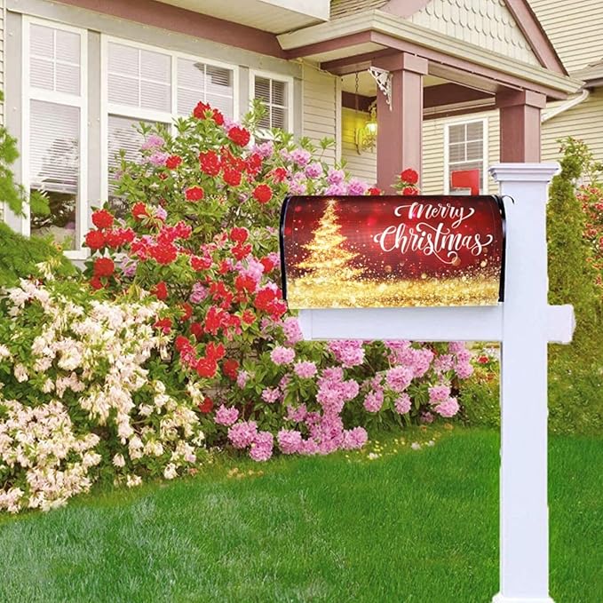 Mailbox Covers Merry Christmas Red Gold Magnetic Letter Post Box Cover Standard Size 21 x 18 Inch Garden Yard Home Decorative