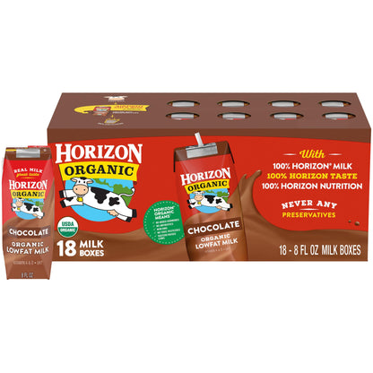 Horizon Organic Shelf Stable 1% Lowfat Chocolate Milk Boxes, USDA Certified Organic UHT Milk from Pasture-Raised Cows, No Refrigeration Required, 8 fl oz, 18 Count