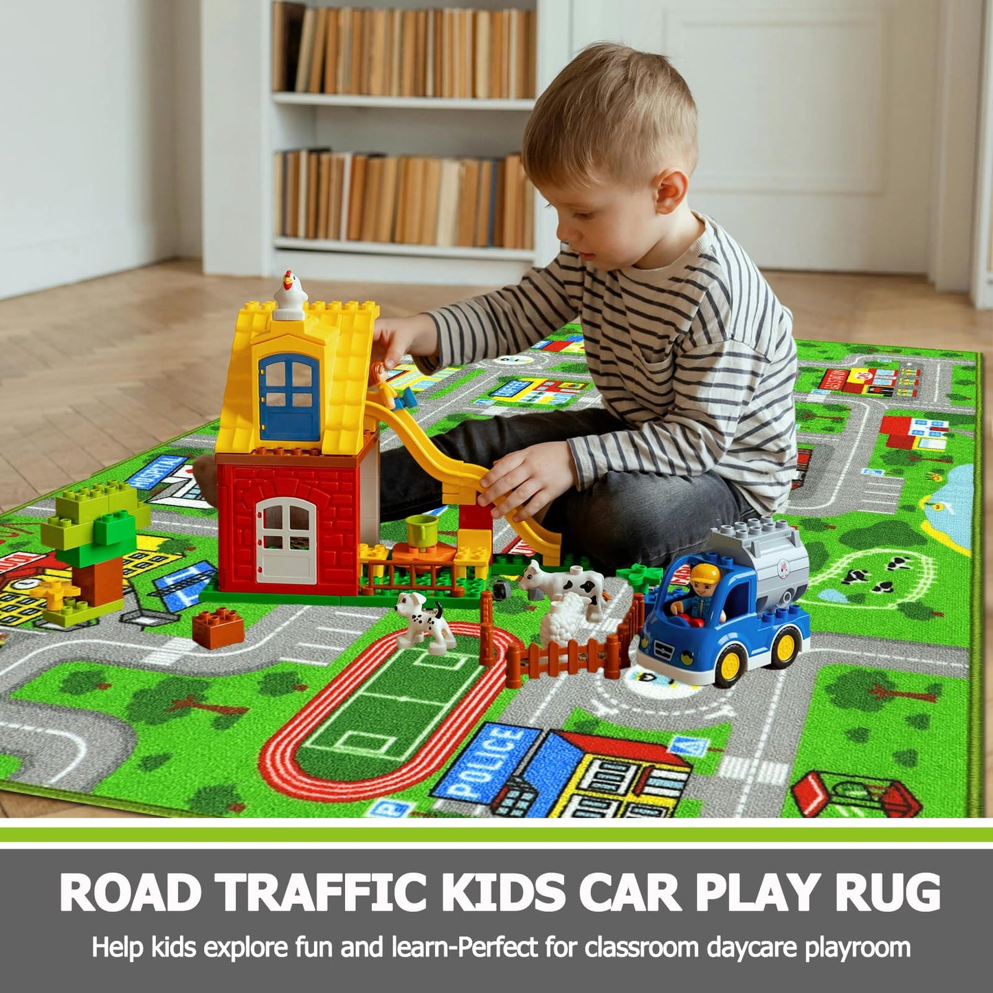 Capslpad Green Car Road Kid Rug Carpet Playmat for Playoom Traffic Road Kids Play Mat for Toddler Non Slip Washable City Map Race Track Carpet Rug for Kids Room Bedroom Nursery Room Decor,5.2'x3.3'