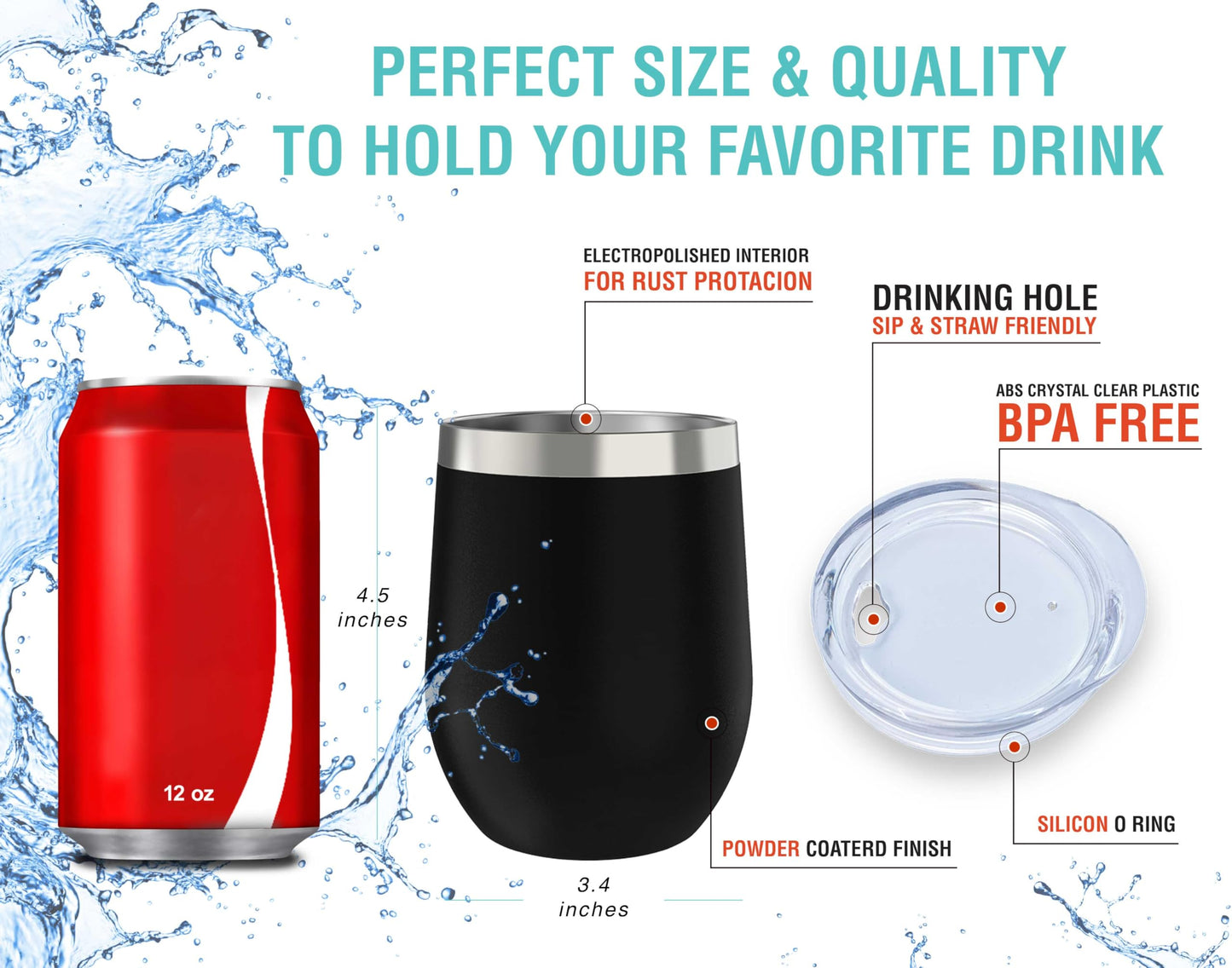 CHILLOUT LIFE Stainless Steel Wine Tumblers 2 Pack 12 oz & 1 Insulated Wine Bottle - Double Wall Vacuum Insulated Wine Cups with Lids and Straws Set - Black