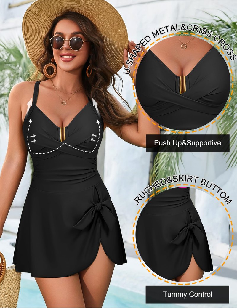 Blooming Jelly Womens Tummy Control One Piece Swimsuits Criss Cross Push Up Bathing Suits U-Wire Ruched Swim Dress 2026 (L,Black)