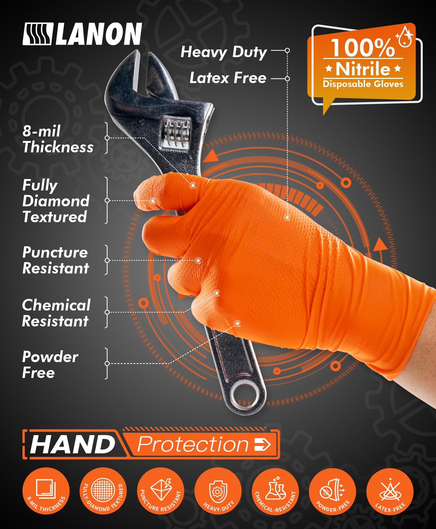 LANON 8-mil Orange Disposable Nitrile Gloves, Mechanic, Heavy Duty, Food Safe, Latex and Powder Free, Fully Diamond Textured, Large(Pack of 100)