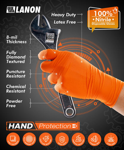 LANON 8-mil Orange Disposable Nitrile Gloves, Mechanic, Heavy Duty, Food Safe, Latex and Powder Free, Fully Diamond Textured, Large(Pack of 100)