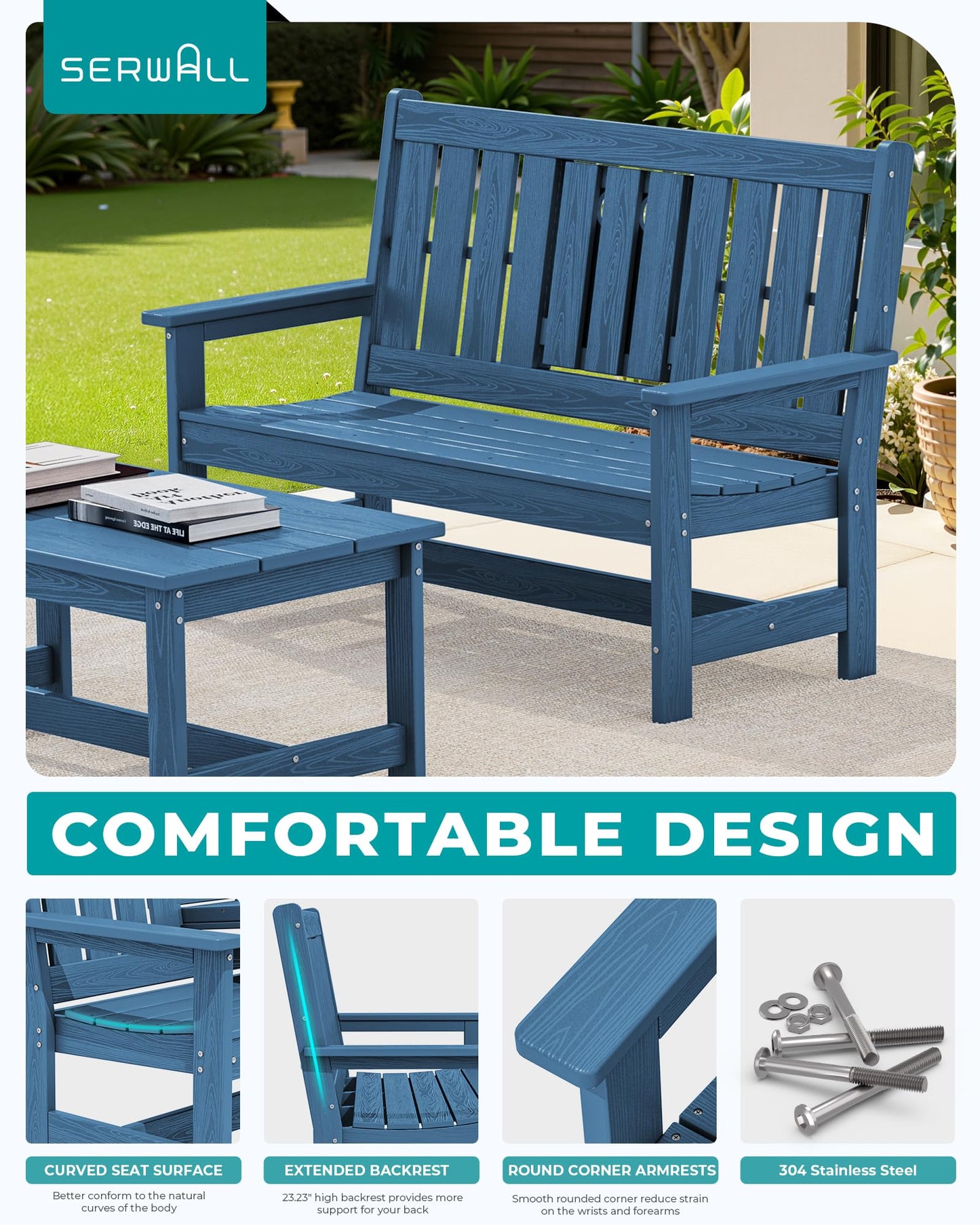 SERWALL Outdoor Bench with Cup Holder, 58" HDPE Front Porch Bench Suitable for 3 Person, All Weather Patio Benches with High Backrest and Wide Armrests for Garden, Park, Yard, Navy
