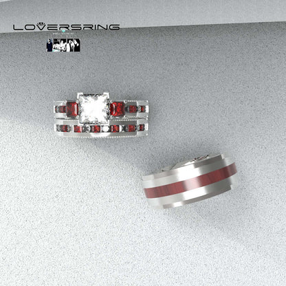 TWO RINGS Wedding Ring Sets His And Hers Promise Ring Couples Bridal Sets Women 925 Sterling Silver Red Ruby Man Titanium Brushed Finished Wedding Band