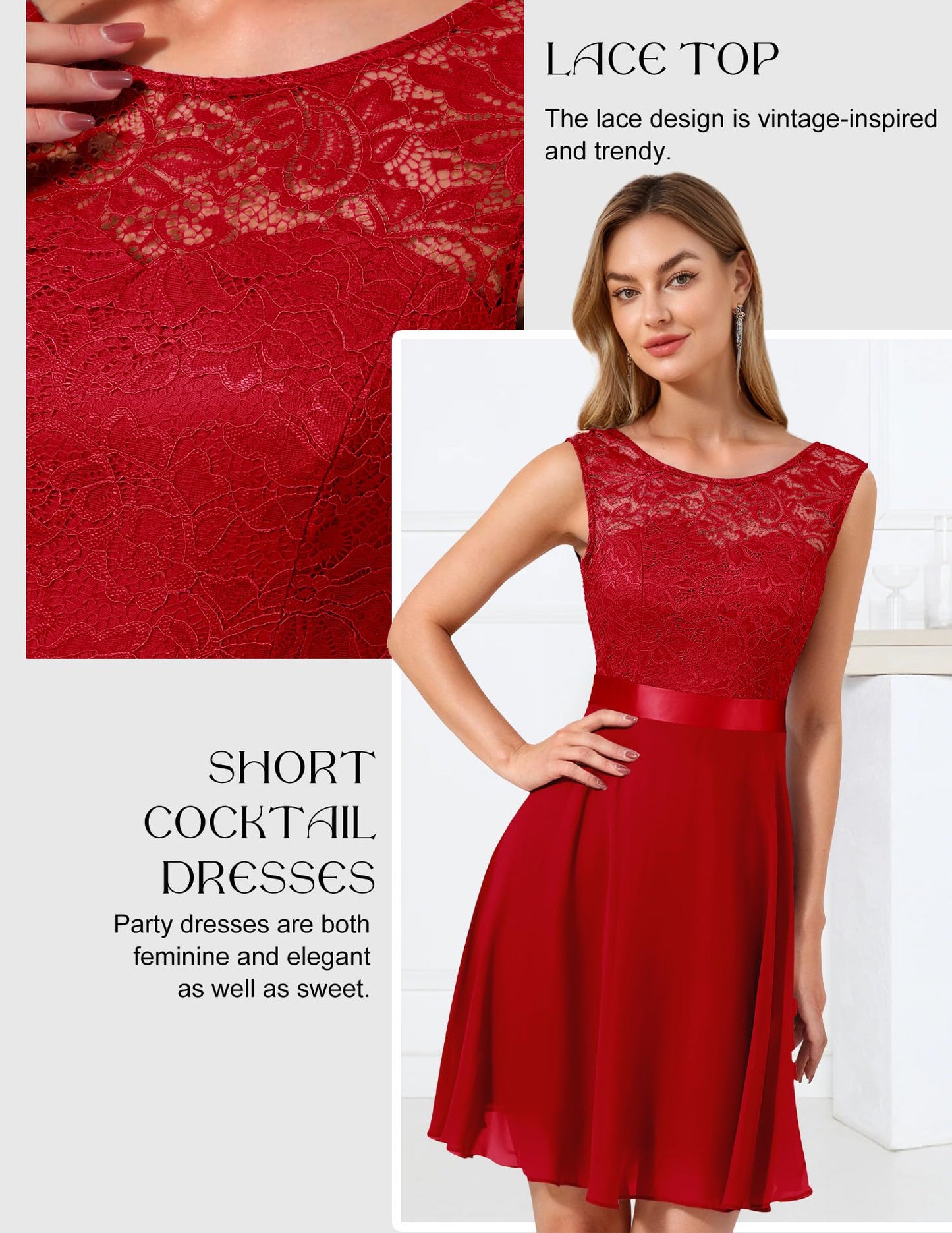 BeryLove Women's Short Homecoming Dresses for Teens Sleeveless Flowy A Line Wedding Guest Lace Cocktail Prom Formal Dress 05 B-Red L