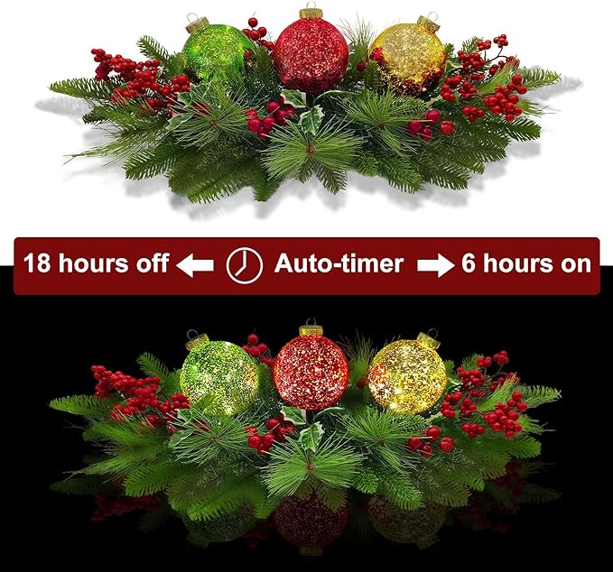 Christmas Centerpiece Table Decorations, Includes 3 LED Baubles Artificial Red Berries and Pine Cones Xmas Candelabrum for Dinning Room, Table, Fireplace, Mantel Decoration