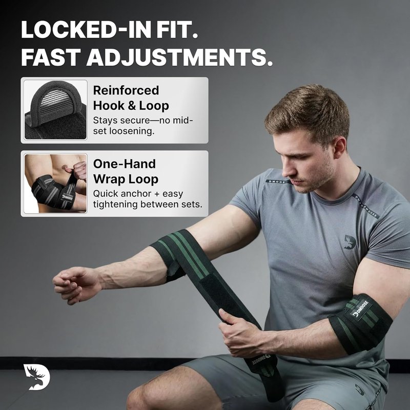 DMoose Fitness Elbow Wraps - Adjustable 40'' Compression Sleeves for Weightlifting, Joint Support & Tendonitis Relief | Pair