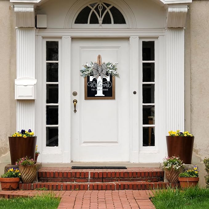 Ultra Large 14'' Last Name All Year Round Front Door Wreath with 26 Initial Letter Welcome Sign All Seasons Eucalyptus Garland and Bow Wreaths for Front Door Porch Farmhouse Decoration (T)