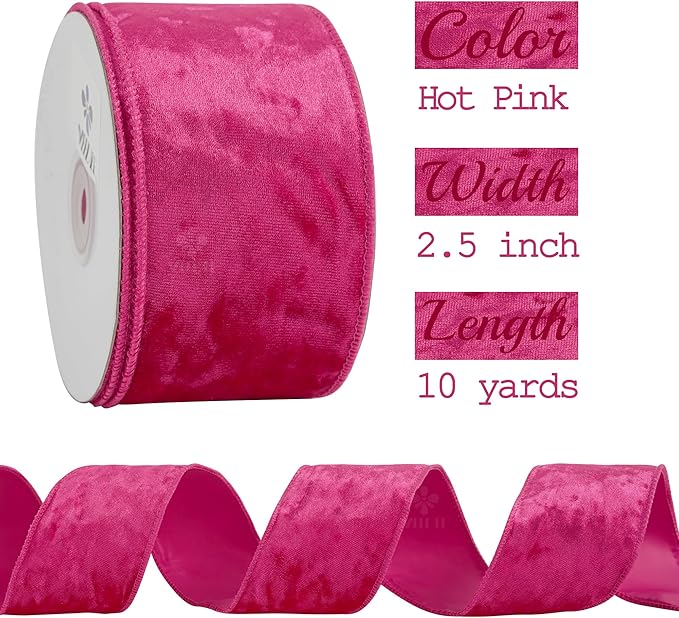 MEEDEE Fuchsia Velvet Ribbon 2.5 inch Thick Velvet Wired Edge 10 Yards Two Tone Ribbon for Christmas Tree, Gift Wrapping, Garland, Wreaths, Bows Making, Crafts Supply
