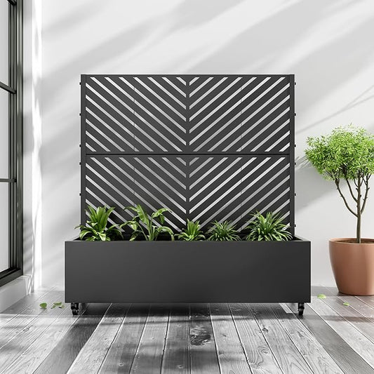 Casaphoria Metal Raised Garden Bed with Trellis and Wheels, 47"x47"x16" Planter Box for Climbing Plants, Vegetables & Vines, Features Drainage Holes and Privacy Screen (Black-Parallel)