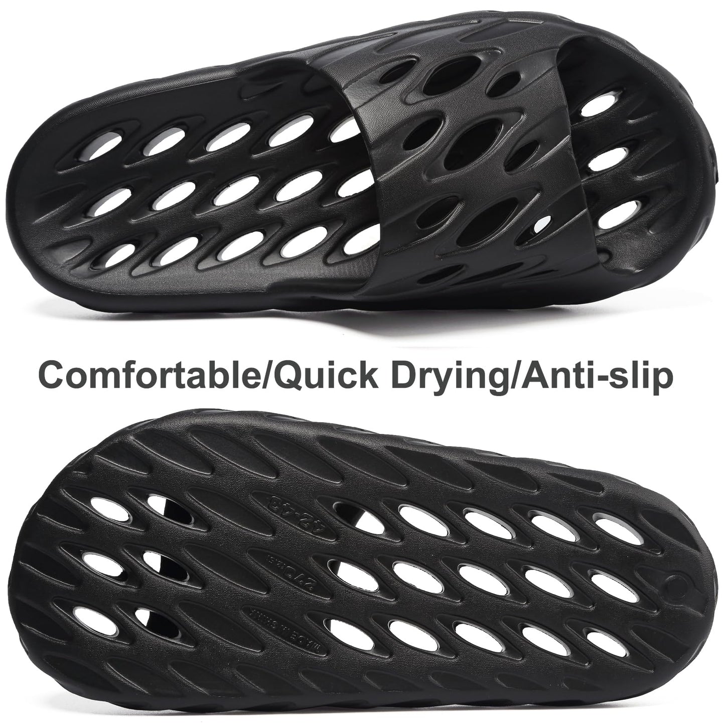 FINLEOO Shower Sandal Slippers with Drainage Holes Quick Drying Bathroom Gym Shower Shoes Soft Sole Open Toe House Slippers for Men and Women,Black 40.41