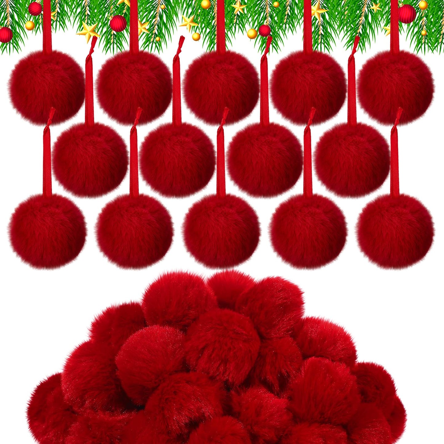 WILLBOND 60 Pcs Red Burgundy Furry Christmas Ornaments 2 Inch Pom Pom Ball Hanging Decoration Fuzzy Fluffy Christmas Ornaments for Xmas Tree Home DIY Craft Party Decor