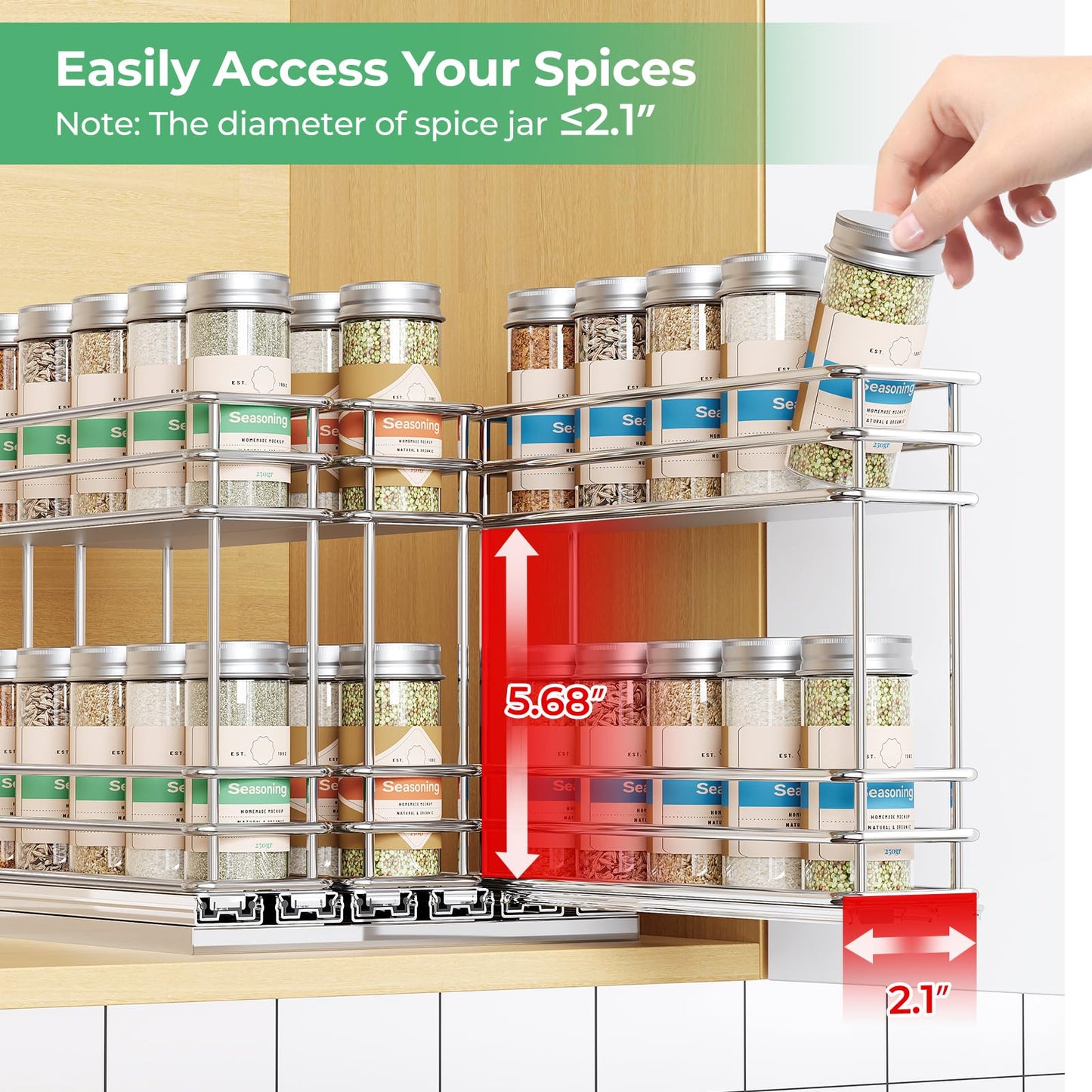 Pull Out Spice Rack Organizer for Cabinet, Slide Out Spice Racks, Easy to Install, 2.1''Wx10.35''Dx8.26''H, 3 Drawers 2 Tiers(Black)