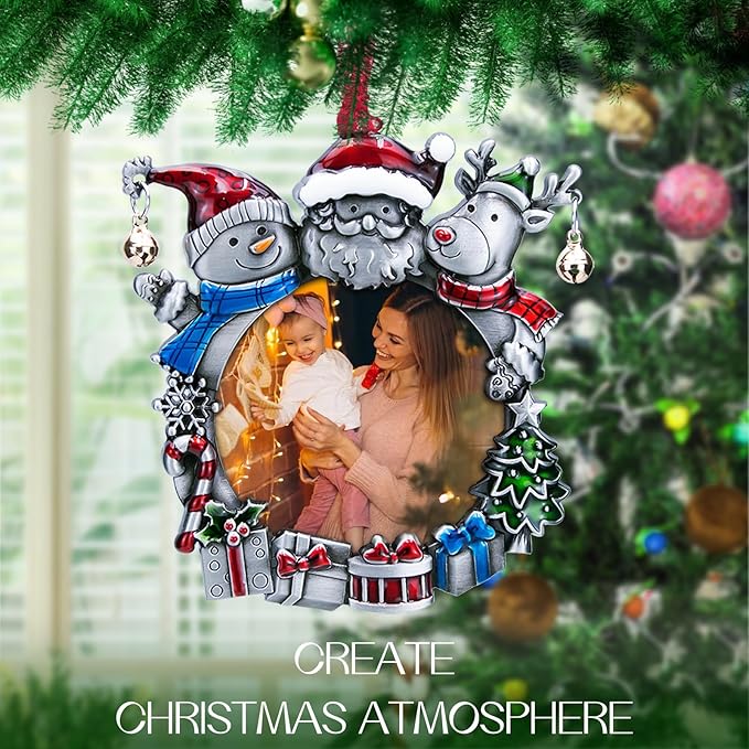 Laraine Christmas Tree Ornaments – Decorative Hanging 2025 Holiday Keepsake Gift Round Pendant with 2.5” Photo Frame Insert for Picture of Pet (Snowman Black)