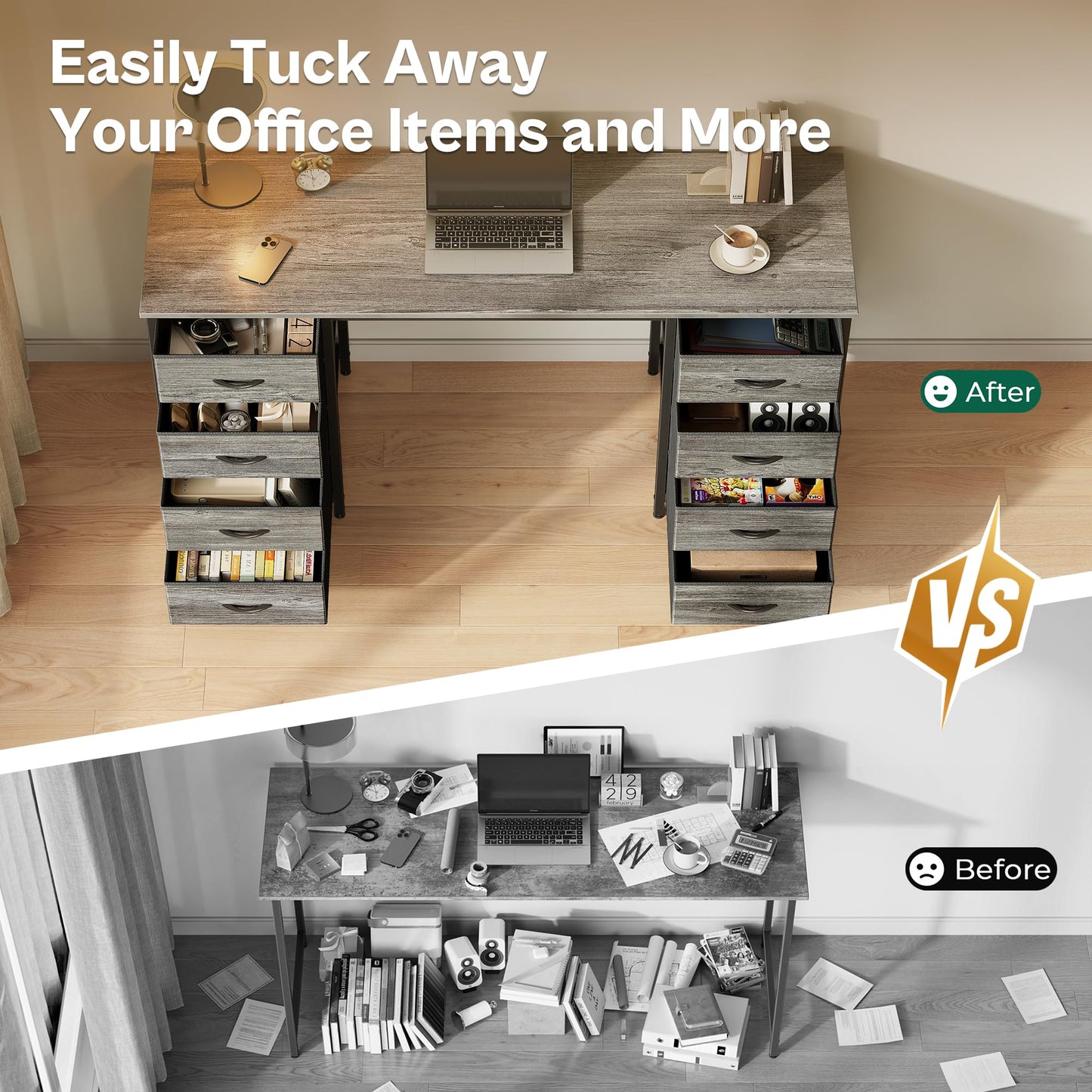 Huuger 54 Inch Computer Desk with 8 Fabric Drawers, Office Desk for Home Office, Study, Gaming Desk with Drawers, Large Storage, Grey