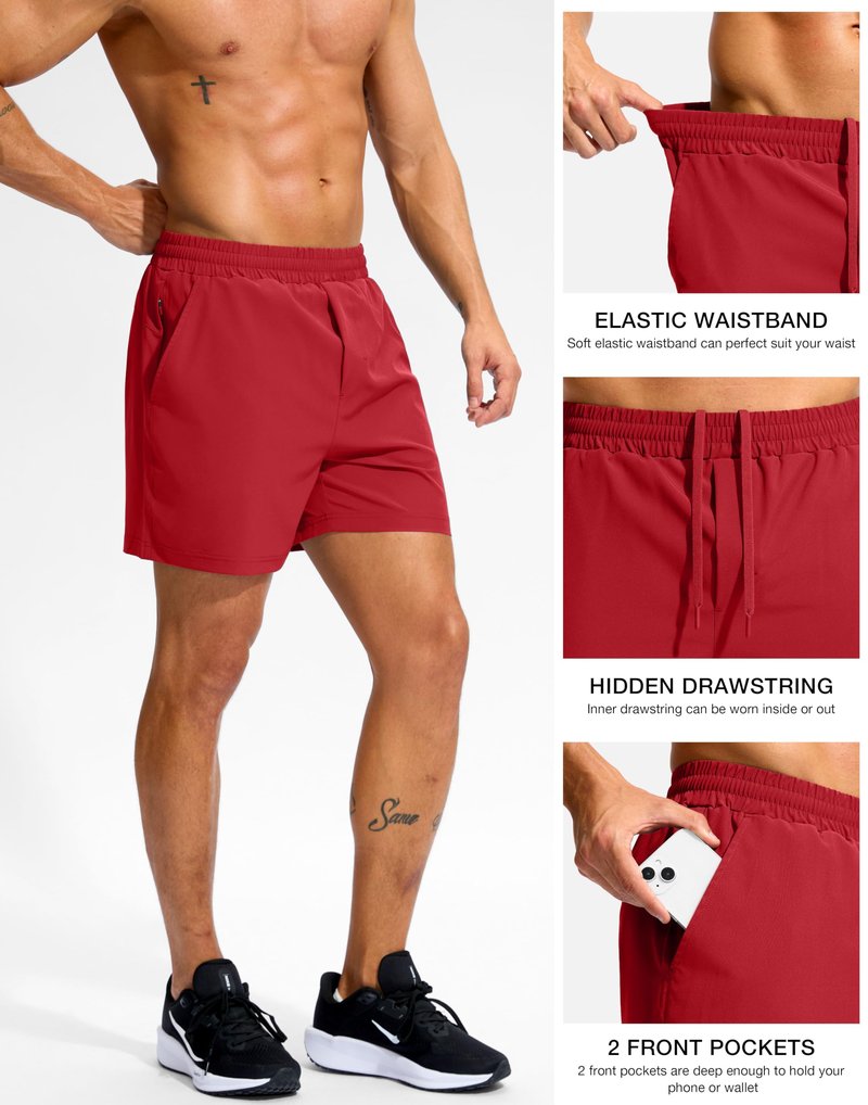 Soothfeel Men's Athletic Workout Shorts with Zipper Pocket 5"/7" Running Gym Shorts for Men Lightweight Quick Dry Tennis (Red, 5, L)