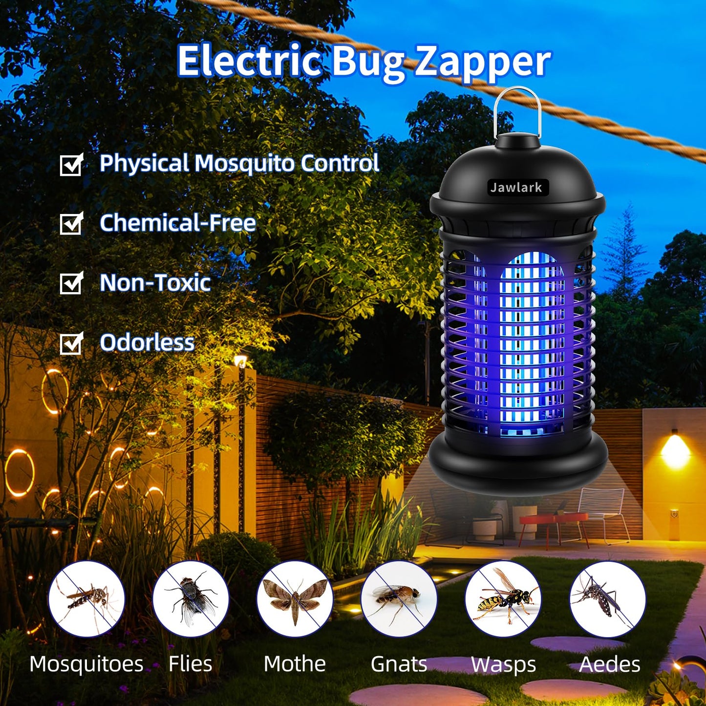Jawlark Electric Bug Zapper, 4200V Mosquito Zapper Outdoor Indoor, IPX6 Waterproof Insect Killer with 5ft Power Cord for Patio Yard Home, Plug in Mosquito Killer (Black)